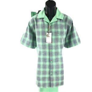 KNY Rizzo Men's Leisure Suit 2 Piece Green Charcoal Gray Pleated Front Cuff Hem